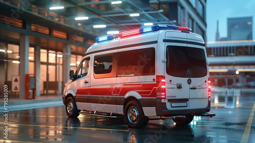 An ambulance parked in front of hospital building.