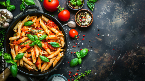 Casserole of tasty penne pasta with tomato sauce on table photo