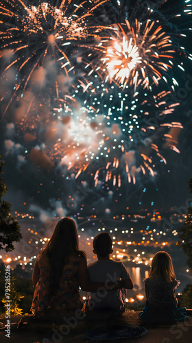 A family silhouetted against a stunning fireworks display that lights up the summer night with a festival of colors. 