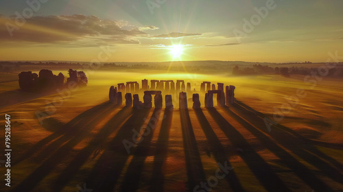 Sunrise Serenity at Stonehenge. The first rays of sunlight spread over Stonehenge, casting long shadows on the ground and enveloping the ancient stones in a peaceful, golden aura. photo