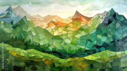 Mountains mosaic with a stained glass illusion being swept by the wind
