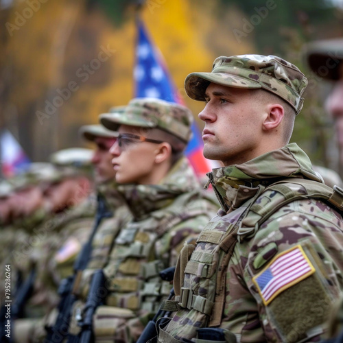 Patriotic Duty in Focus. A close-up of a soldier in camouflage, helmet, and tactical gear, with the American flag unfurling in the background. 