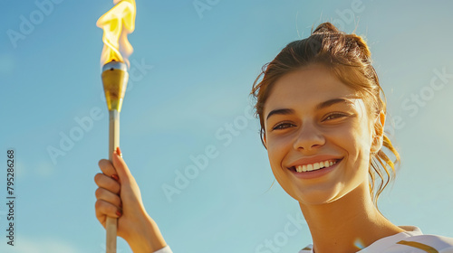 A young smiling girl - a sportswoman in a sports uniform - solemnly carries a torch with the Olympic flame against the background of the blue sky, the opening of the Olympic Games © екатерина лагунова