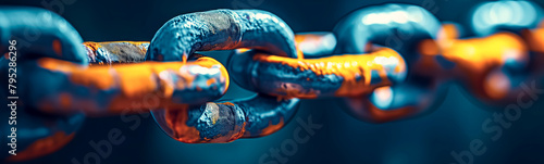 Three dimensional panoramic view of chain on dark background. Blockchain concept. photo