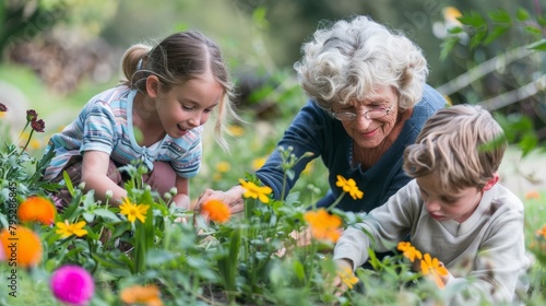 Senior lady gardening with kids, teaches about flora, ideal for educational or environmental content.