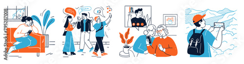 Different people characters using smartphone for various purpose