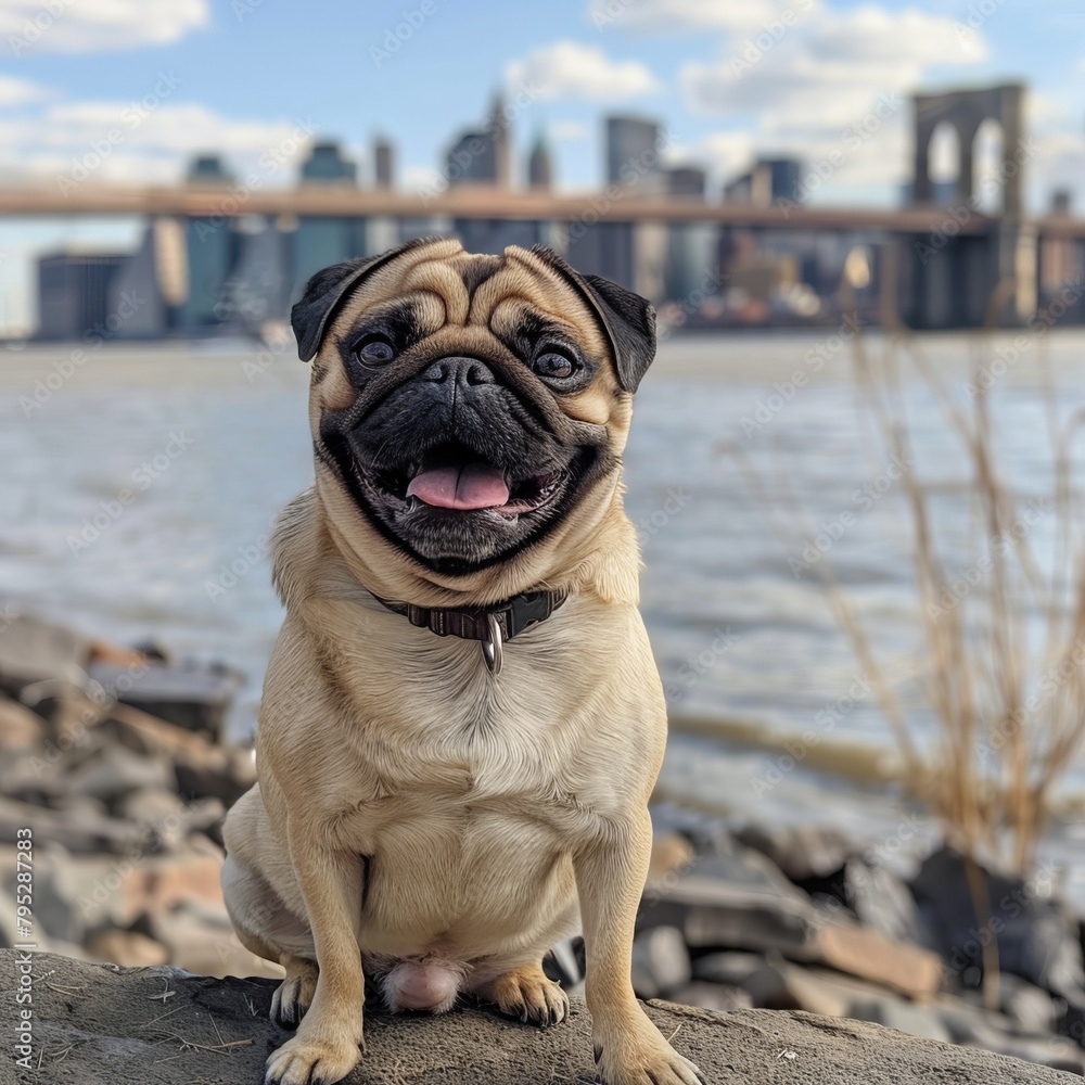 portrait of a cute pug dog on a walk against the backdrop of skyscrapers and the city, river, sea, ocean
