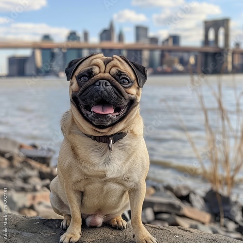 portrait of a cute pug dog on a walk against the backdrop of skyscrapers and the city  river  sea  ocean