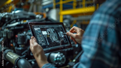 Mechanic Uses Tablet Computer with an Augmented Reality Diagnostics Software. Specialist Inspecting the Car in Order to Find Broken Components Inside the Engine Bay. Modern Car Service.