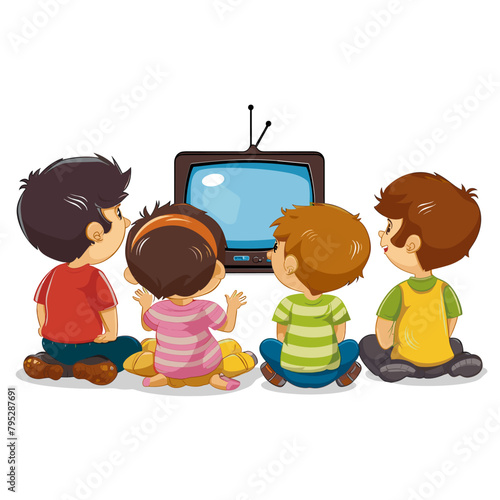 vector children sitting watching TV against a white background .Generative AI