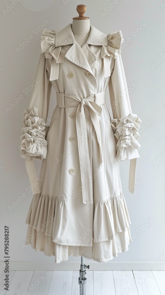 A Vertical Image Of A White Belted Trench Coat On A Female Mannequin. A Vertical Image Of A White Belted Trench Coat On A Female Mannequin.