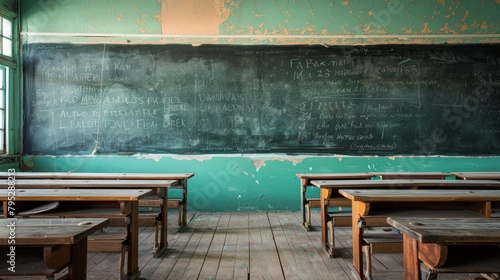Classic primary school classroom, empty, with wooden desks in neat rows, blackboard filled with faded chalk notes photo