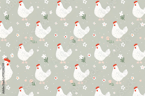 Seamless pattern of white hens and floral elements on gray background