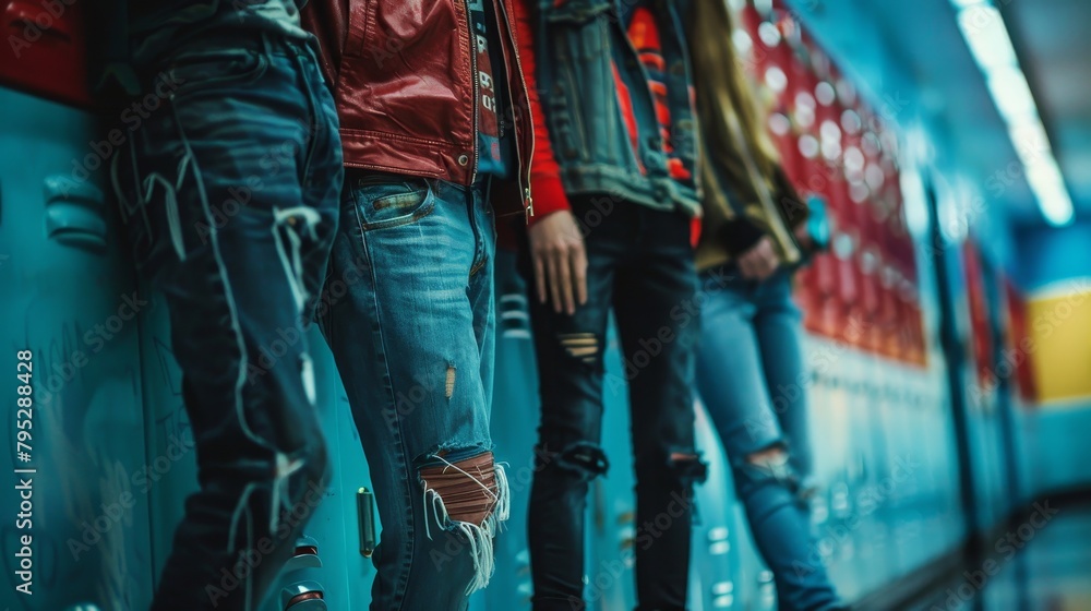 Close-up of rockers leaning against school lockers, vibrant punk outfits clash with the mundane school setting