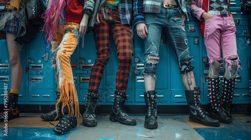Close-up of rockers leaning against school lockers, vibrant punk outfits clash with the mundane school setting
