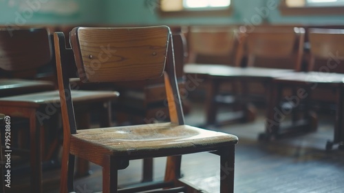 Close-up view of a wooden chair in a desolate classroom  emphasizing the quiet and the spirit of a new school year