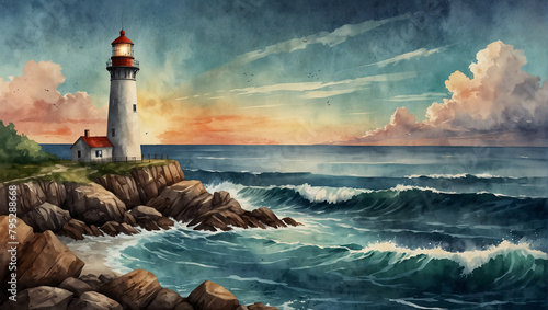 lighthouse on the coast of the atlantic ocean photo