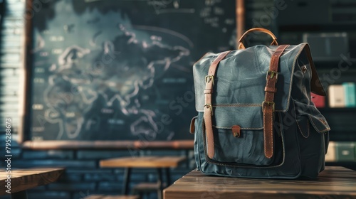 Detailed view of a stylish backpack in a classroom setting, foreground sharp against a softly focused blackboard background