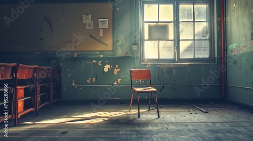 Emotive perspective of an empty classroom with a single wooden chair, stark yet hopeful symbolism of back to school photo