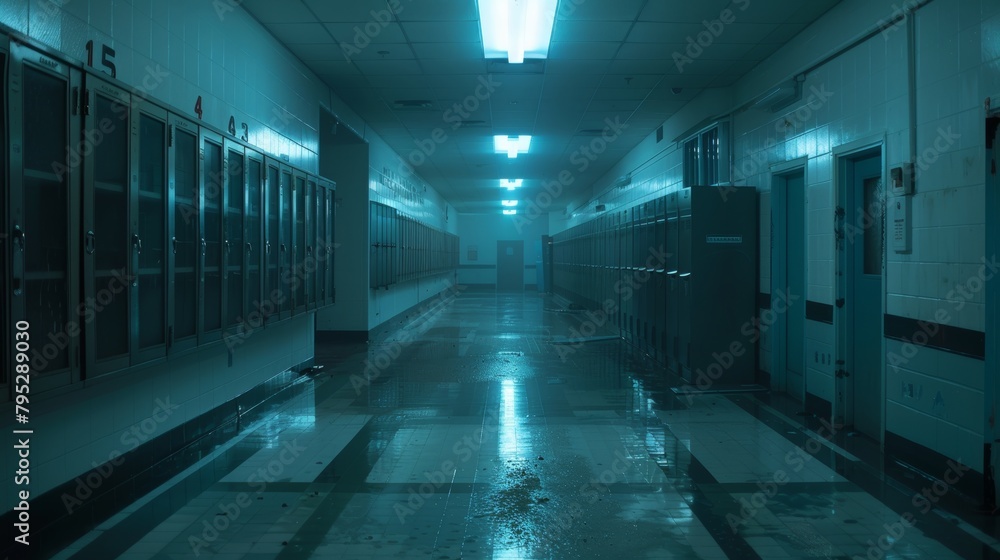 Gritty, realistic view inside a high school hallway, rockers give a chilling presence, lockers bathed in an unsettling gloom