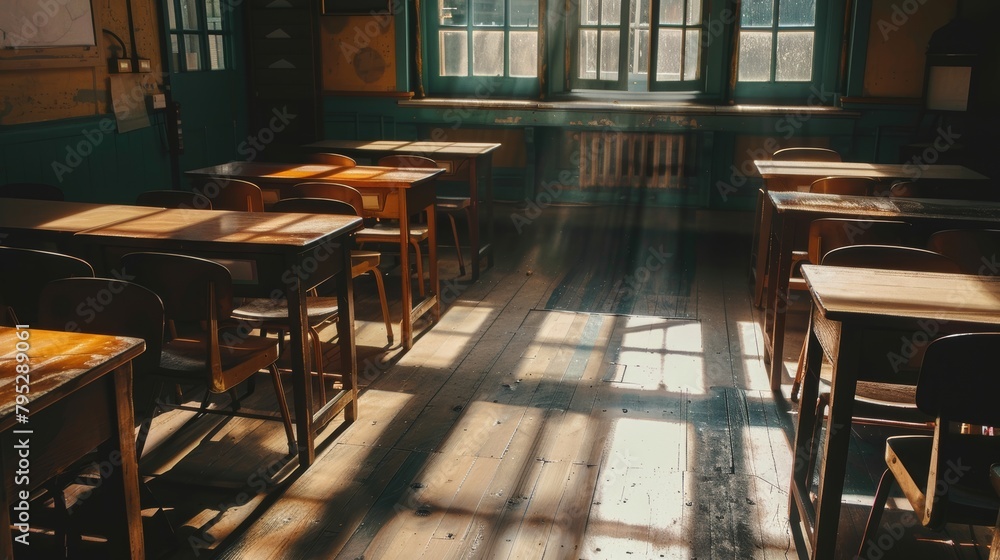 Evocative old school classroom, neatly arranged wooden desks, sunlight casting shadows across the empty floor