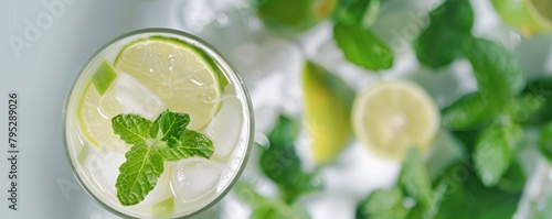 A close up of a glass of water with lime and mint on a white background.
