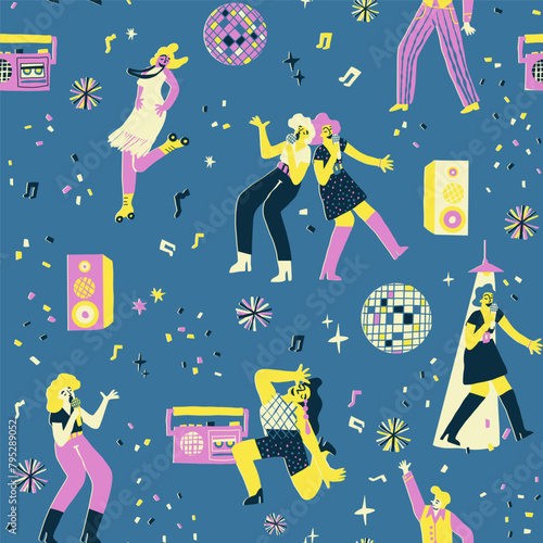 Dancing disco party seamless pattern, karaoke night repeat. People are having fun, singing, vibing, and rolling. Party ball, music speakers, confetti, spotlight background for fabric, wrapping paper.