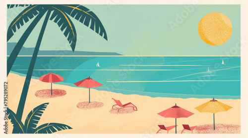 Summer Holiday Poster beach sand Ocean parasols sun loungers palm, tree sun. Getaway vacation industry.