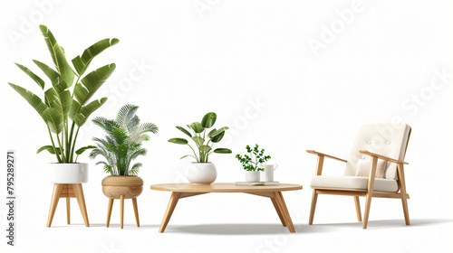 Coffee table with houseplants and armchair isolated on