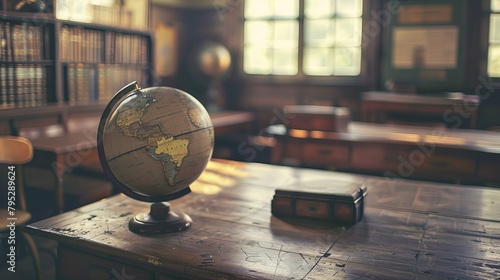 Serene view of an empty traditional primary school classroom, historic educational tools and a globe sitting quietly