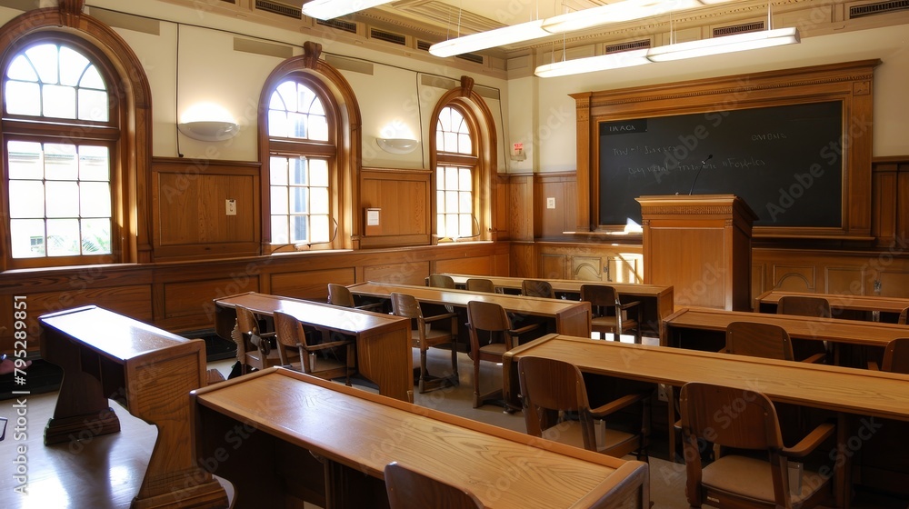 Spacious, empty traditional classroom, rows of desks and a large wooden lectern, evoking a quiet scholarly atmosphere