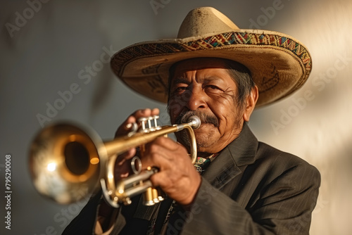 Senior mariachi musician passionately playing the trumpet in traditional attire