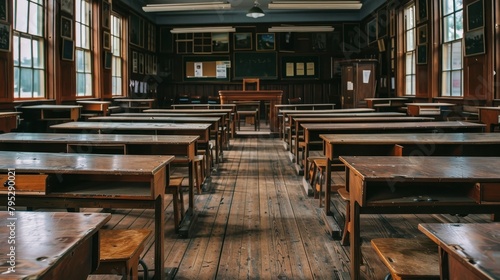 Traditional classroom, all wood, with vintage desks lined up and a prominent, empty teacher's desk, time-stood-still vibe