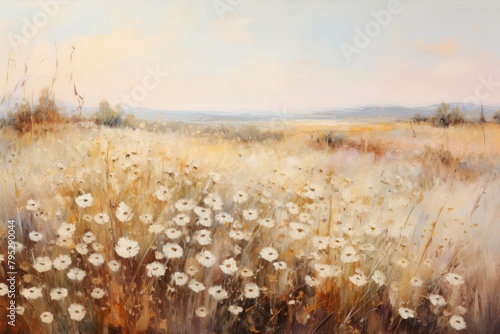 Daisy field landscape painting grassland outdoors.