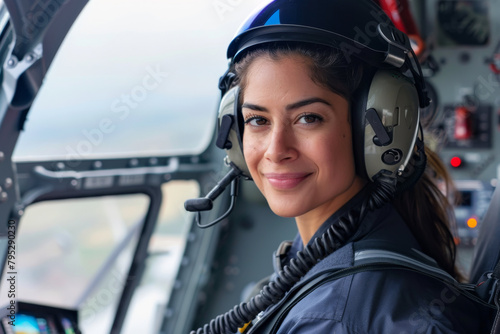 Confident, smiling female hispanic helicopter pilot: Woman in aviation, chauvinism sexism in the workplace