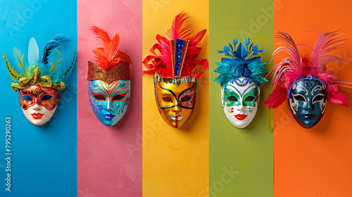 Collage of bright carnival masks on color background -