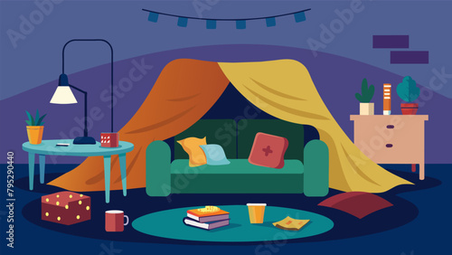 A blanket fort village set up in the living room where friends can enjoy snacks games and latenight chats while cozied up in their own special