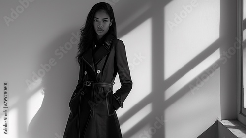 A Model Poses Wearing A Black Belted Trench Coat. photo