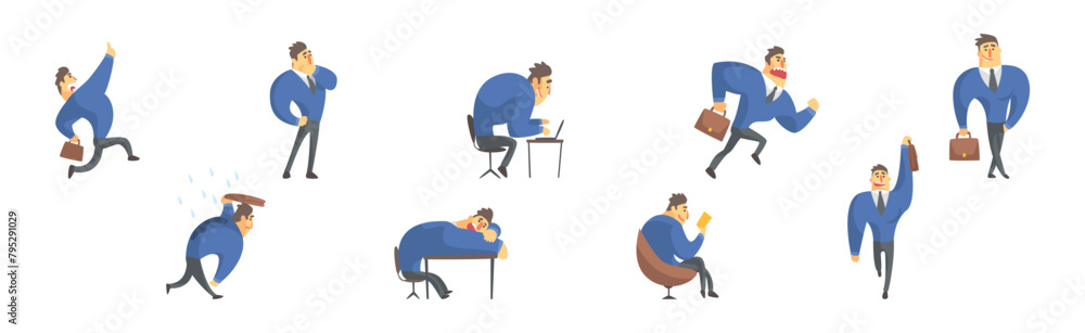 Funny Business Man Character in Tie in Different Pose Vector Set
