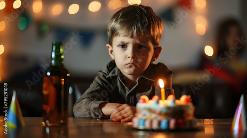 A small boy sits at a table with a birthday cake on it. He looks sad and neglected. There is an empty beer bottle on the table.
