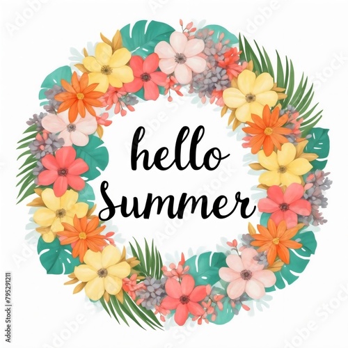 Illustration of a tropical floral wreath with 'Hello Summer' text in cursive font, adorned with vibrant exotic flowers, palm leaf, and green leaves on a white background, frame with flowers