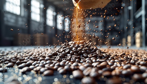 raw coffee pouring from a handful in a bag, against background of a warehouse