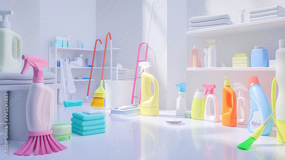Variety of cleaning products in a room Variety of cleaning products in a room