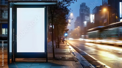 At night, a blank white vertical digital billboard poster at a city street bus stop sign, serving as a street advertising mockup for a bus stop.