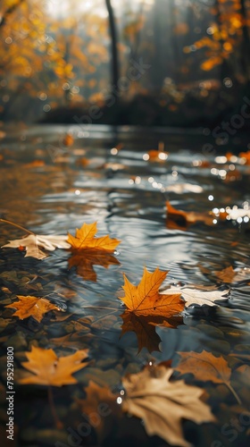 Fallen leaves floating on a river in autumn