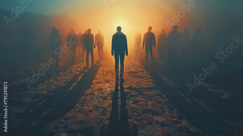 A crowd of faceless people walking towards the viewer in a foggy landscape.