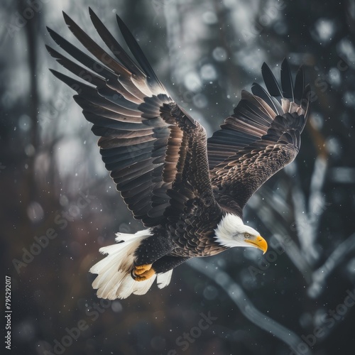 An eagle is flying in the sky with its wings spread wide.