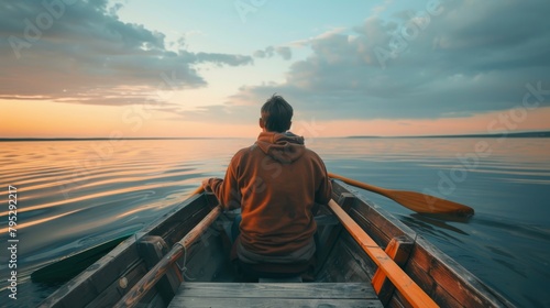 Man rowing boat alone in lake at sunset