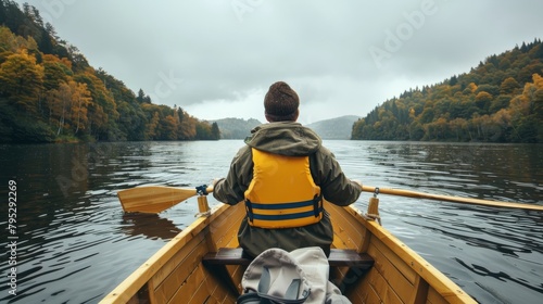 Man rowing boat on lake surrounded by mountains