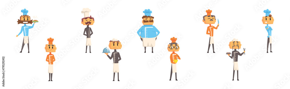 Funny Man Chef Character in Toque Cooking Dish Vector Set Funny Man Chef Character in Toque Cooking Dish Vector Set